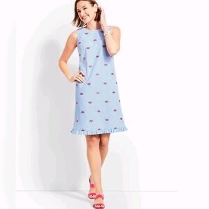 Talbots Seersucker Embroidered Watermelon Shift Dress 4P Blue Ruffle Hem